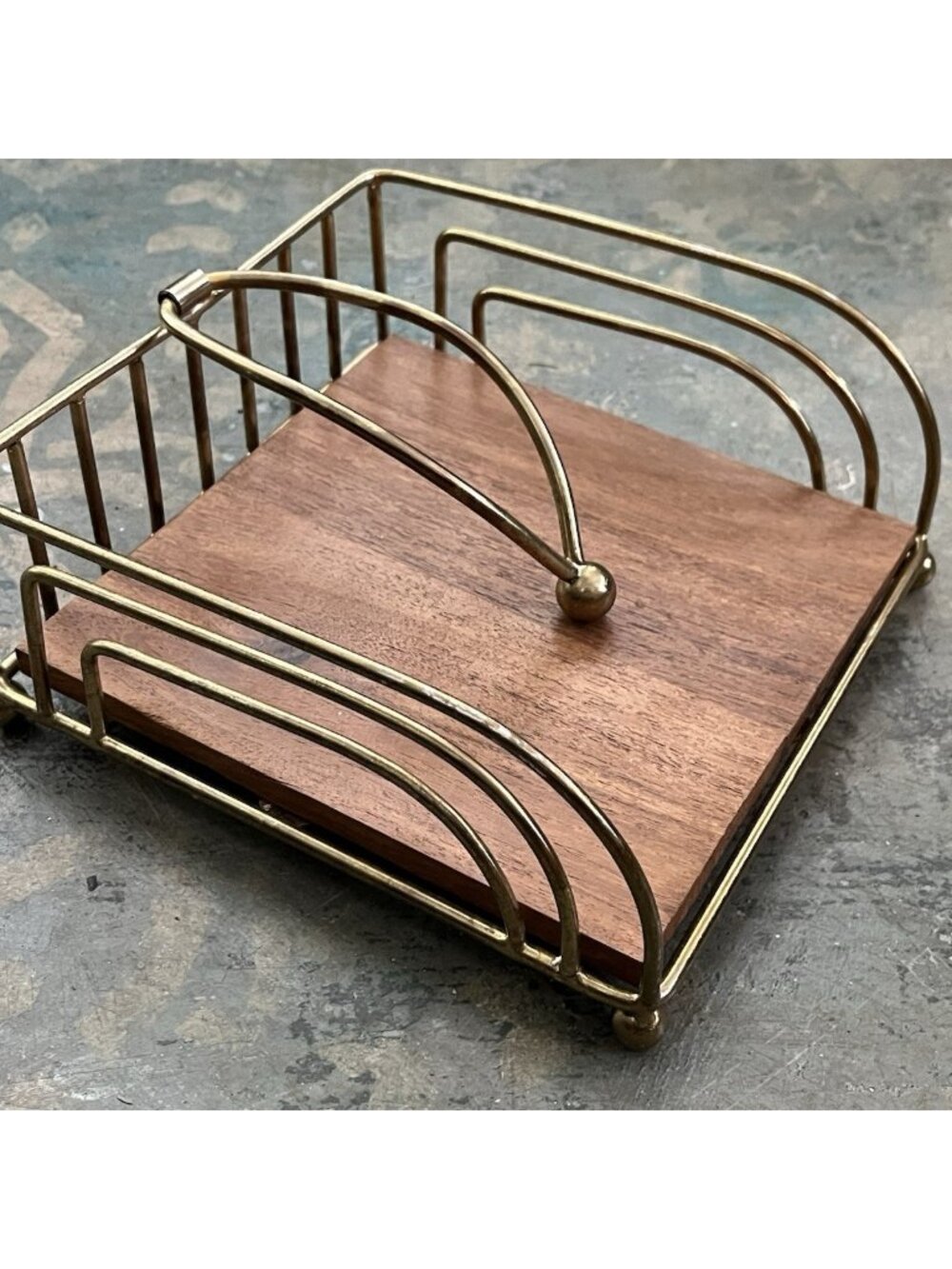 Napkin Holder Gold Metal with Rustic Wood Base Minimalist Modern With Patina